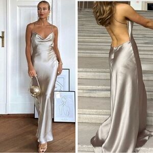 ZARA Silver Satin silk backless Dress size small